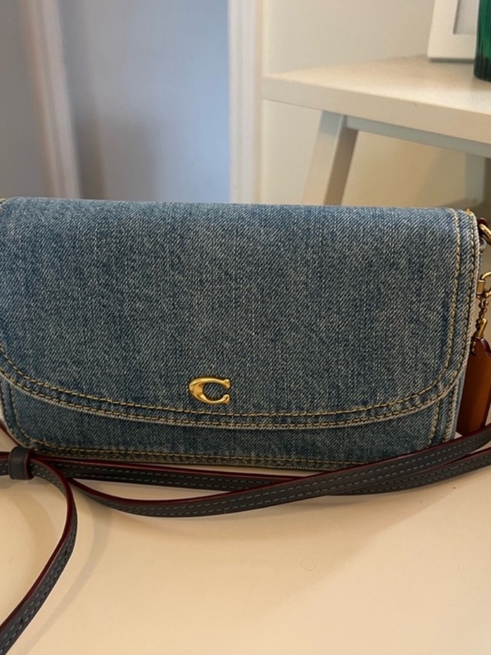 Coach Blue Denim Crossbody Bag with Brown Trim